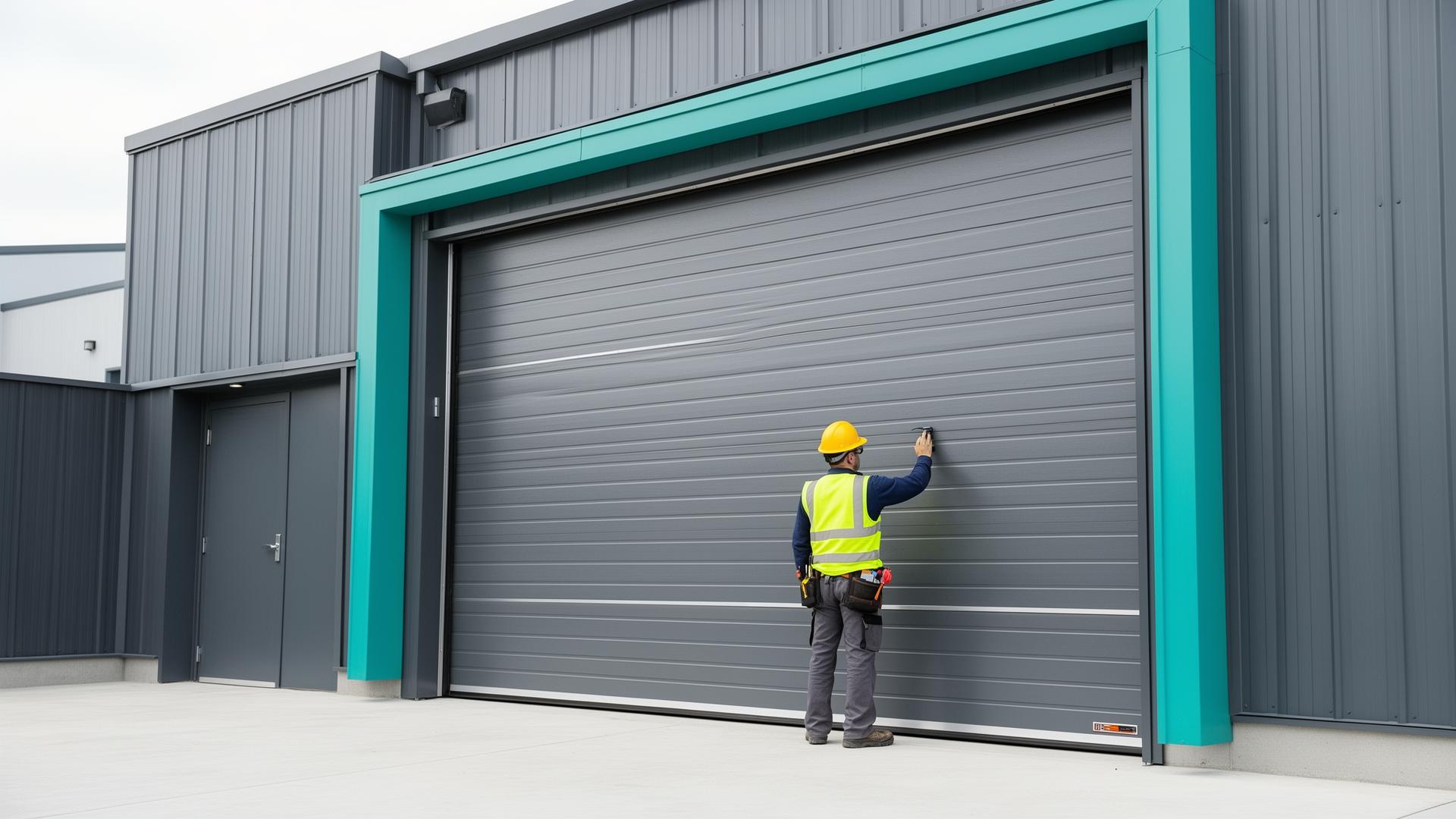 Professional garage door technician inspecting industrial door